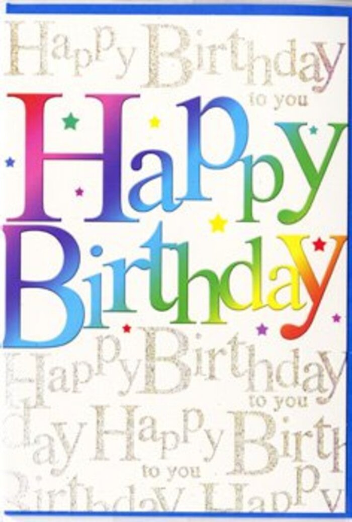 In the image, a striking birthday card stands upright, styled with the sort of thoughtful flair you might expect from an artisan maker or an independent florist in Lower Clapton. Across the centre, in large, flowing letters, the phrase Happy Birthday stretches almost from edge to edge. Each character blends seamlessly into the next through a vivid rainbow gradient-starting with rich cherry reds, flushing into burnt orange and golden hues, cooling into fresh emerald greens and aquas, then deepening into midnight blues and regal purples-very much like the layered colours of a mixed bouquet arranged for a Hackney birthday celebration. The lettering appears smooth and subtly raised, suggesting a silky, high-quality print finish that would feel pleasant beneath the fingers. Behind this jubilant text lies a soft, creamy background that provides a calm canvas. Over it, delicate lines of gold script repeat the phrase Happy Birthday to you in a meandering, cursive style, like fragments of a song drifting through a flat overlooking Clapton Common. The gold has a glimmering quality, hinting at fine glitter embedded within the ink, which would catch shifting light in the same way that morning sun shimmers on vases in a Lower Clapton shop window. Scattered around the central words are tiny star shapes and confetti-like specks in complementary rainbow tones, suggesting the carefree moment when party confetti begins to settle on a table. The card's overall impression is one of cheerful sophistication and heartfelt celebration, ideal to accompany a floral delivery to a home near Hackney Downs, a creative studio off Lower Clapton Road, or a cosy gathering spot close to Millfields Park.