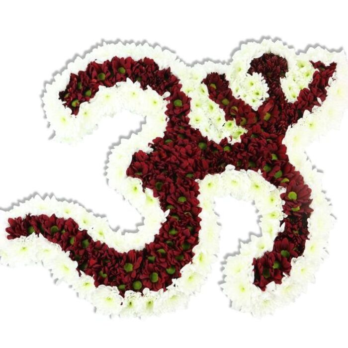 This ornate floral Om (Aum) symbol is a study in contrast and devotion, formed from a dense field of small, dark maroon-red chrysanthemum-like flowers whose lime-green centres catch the eye like tiny stars within a night sky of petals. The primary strokes of the symbol - its distinctive looping 3-shape, the curved downward arm, and the crescent with its bindu above - are rendered with such tight packing of blooms that the surface takes on a soft, velveteen relief. Encircling and clarifying those deep-red masses is a thick ribbon of pristine white spray chrysanthemums, their airy, ruffled petals creating a luminous frame that reads both delicate and definitive against the plain white backdrop. A modest shadow beneath the arrangement emphasizes its dimensionality, suggesting an object crafted to be seen in person and touched with reverence. The scent here leans toward the earthy and green, an understated aroma that supports meditation and gentle reflection rather than overpowering. I imagine delivering this piece from Flower Delivery Lower Clapton to a memorial at a local temple or placing it in the lobby of a yoga studio near Stoke Newington Church Street; it resonates equally at cultural celebrations or quiet remembrance gatherings close to Hackney Marshes. The workmanship speaks of patient hands: every tiny bloom positioned to preserve the script's balance, white edges smoothed to keep the symbol legible from every angle. The effect is both artistic and devotional - a floral reading of Om that invites silent contemplation, cultural connection, and tactile appreciation of texture and colour.