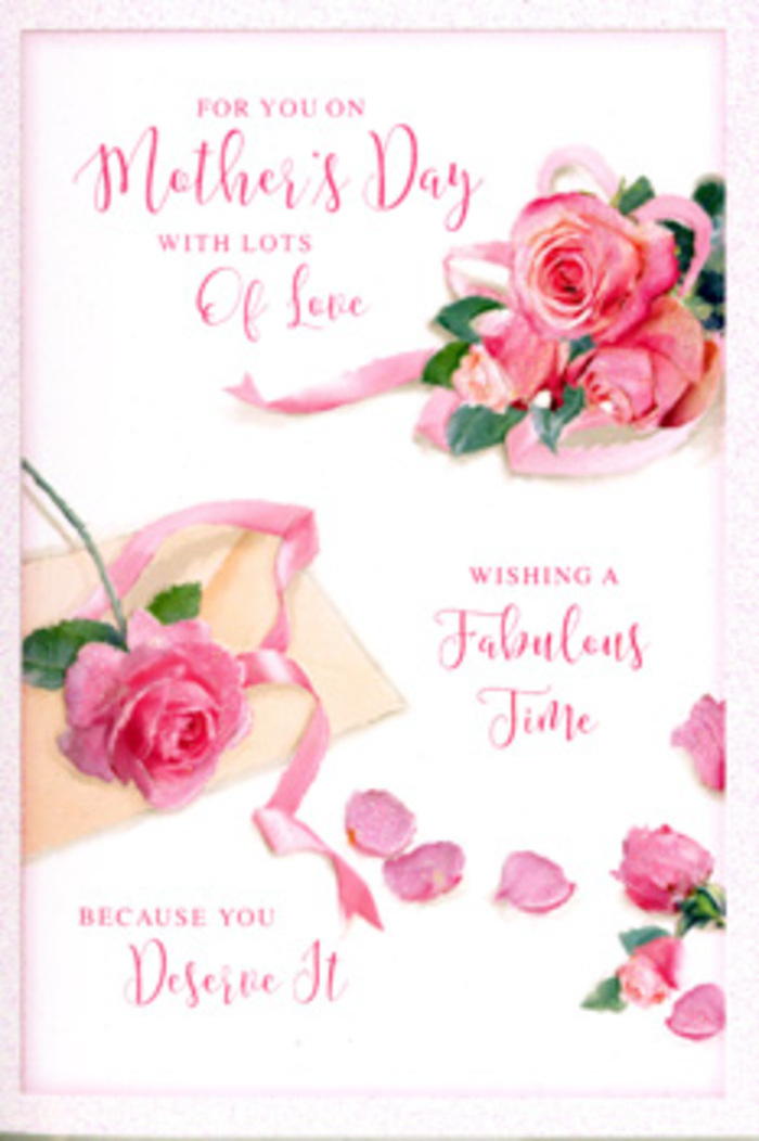 In this image, a Mother's Day card lies flat, its artwork evoking the careful craftsmanship of a bouquet assembled by hand in a Lower Clapton flower shop. The entire front is dominated by pink roses painted or printed in exquisite detail, each bloom composed of many layered petals that curl and fold like real flowers just brought in from a garden near Hackney Downs. The shades of pink shift subtly from bloom to bloom, creating a soft spectrum from pale blush to mid-rose and slightly deeper tones, giving the impression of natural variety within a single, harmonious arrangement. These roses are arranged loosely across the card, with clusters anchoring some corners and edges, and more isolated blossoms drawing the eye inward. Between and around them, individual petals are scattered in a way that feels unforced and organic, as though they have simply fallen where they may, echoing the quiet aftermath of arranging a bunch of fresh stems on a kitchen table in Lower Clapton. Across the central space, elegant, swirling calligraphy spells out a loving Mother's Day message in a shade that complements the flowers, neither too bold nor too faint. The letters are long and flowing, with graceful loops and curves that mirror the rounded shapes of petals. A pastel ribbon illustration threads through one of the prominent rose groupings, its gentle twists and soft shine suggesting a satin ribbon tied around a keepsake gift. The lighting across the card is gentle and balanced, providing just enough shadow to give dimension to each petal and line of script, without creating any harsh contrasts. The overall impression is one of quiet devotion and heartfelt thanks, a paper counterpart to the kind of pink-rose bouquet a family in Lower Clapton might send to honour a mother's constant love.