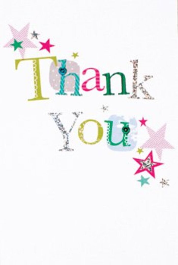 The elegance of this thank you card is quietly uplifting, its arrangement of letters and stars drawing inspiration from Lower Clapton's lively atmosphere and creative flair. Each letter in the central message seems to sing with its own accent-some sport whimsical polka dots, others are adorned with graceful curves and refined lines, painted in colours that conjure the changing canvases of Clapton's local galleries. Surrounding the sentiment, clusters of sparkling stars-some striped in vivid pink, others awash in deep turquoise or shimmering silver-add bursts of cheer, like festive lanterns illuminating the night sky over Hackney Downs. The clean, spacious white background enhances the sense of modernity, lending each detail a delicate brilliance. With a touch that's neither stiff nor overly casual, this card feels universally inviting-ideal for resting beside a striking bouquet from Flower Delivery Lower Clapton. It carries the essence of gratitude: uplifting, expressive, and artfully memorable, just as a heartfelt thank you should be in our corner of East London.