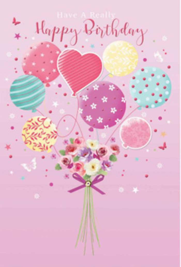 This birthday card artwork tells a gentle story of celebration, as if a bouquet prepared in a Lower Clapton flower studio has taken to the sky. The scene unfolds on a soft pink backdrop, evoking the calm, pastel hues of early morning light over Clapton Pond. Rising from the lower centre of the composition, a cluster of pastel balloons seems to drift weightlessly, their rounded forms overlapping in a relaxed, organic arrangement. The colours range from tender rose and blush pink to fresh sea green, mellow yellow, and delicate lavender, all blending harmoniously. Each balloon bears its own distinct adornment: swirling ribbons wrap around some like party streamers; others are speckled with light-hearted polka dots or adorned with miniature floral prints, hinting at the bouquet beneath. At the convergence of all the thin balloon strings, a hand-tied posy of flowers forms the heart of the illustration. The bouquet features small roses and daisy-like or anemone-style blooms, their petals shaded from creamy ivory through to blush and rose mauve, giving them a soft, velvety appearance. They look freshly arranged, much like a birthday bouquet about to be delivered to a home off Chatsworth Road. A sparkling purple satin bow secures the stems, its rich colour and sheen providing a subtle contrast to the pastel tones above. Gentle, warm light appears to bathe the scene, catching the glossy surfaces of the balloons and highlighting the edges of each petal. Tiny stars and a few whimsical butterflies float nearby, adding a touch of dreaminess and movement to the composition. Altogether, the image conveys a feeling of warmth, affection, and playful elegance, perfectly suited to marking a cherished birthday in the heart of Lower Clapton.