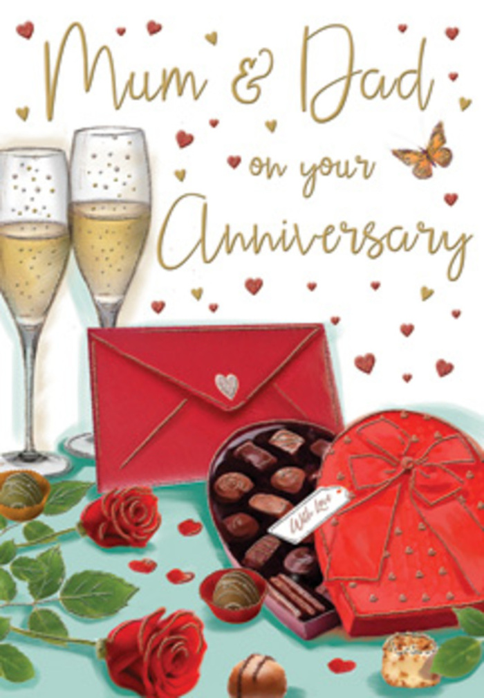 This detailed anniversary card illustration captures the essence of a quietly joyful celebration, the sort you might imagine unfolding in a Lower Clapton kitchen or living room after a special meal. Centre stage, two tall champagne flutes stand almost touching, their clear glass filled with champagne the colour of pale honey, tiny bubbles rising in delicate trails. To one side, a pair of rich red roses rests on the tabletop, their petals plush, slightly curled at the edges, and full of texture, framed by smooth, deep green leaves that look as though they've just been arranged by a local florist from Flower Delivery Lower Clapton. In front of this floral and glass pairing sits an open heart-shaped box of chocolates, each piece neatly nestled in its own space, with a luxurious red satin bow elegantly tied around the lid, the ribbon flowing in soft curves. A few chocolates lie casually around the box, suggesting spontaneous sharing. Above the scene, the words Mum & Dad are handwritten in a warm, informal script, surrounded by floating hearts in crimson and gold that drift across a softly toned background, adding movement and romance. A vivid scarlet envelope lies close by, sealed and slightly tilted, hinting at a secret message of gratitude and love waiting to be read. The colour palette is dominated by reds, golds, and gentle creams, while the lighting casts a cosy glow reminiscent of the evening light that washes over Chatsworth Road and the paths near Hackney Downs. Every element-the roses, fizz, chocolates, and hearts-comes together to honour the sweetness, depth, and shared history of an enduring relationship.
