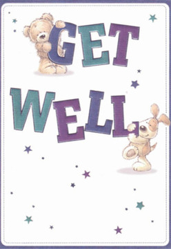 There's a radiant sense of cheer woven into every detail of this get well card, reminiscent of those spontaneous acts of kindness along vibrant Lower Clapton streets. The scene features an inviting teddy bear, resting its paw atop the playful 'GET,' while a floppy-eared puppy nestles close to the proud 'WELL' below. Painted in gentle earth tones and soft creams, the pair's expressive eyes reflect compassion, as if offering a warm embrace across Homerton Grove. Bold purples and teal hues make the hand-lettered text stand out, adding a lively pulse much like a florist's freshest bouquet brightening a friend's doorstep. Delicate, glimmering stars scatter like confetti, delivering a sense of hope and possibility to the moment. The pristine white setting enhances every shade and line, providing a sense of clarity and calm that soothes as readily as a visit to Hackney Downs. With each brushstroke thoughtfully placed, this composition offers the comfort, care, and hope that Lower Clapton's own community is known for. It's not just a card-it's a heartfelt gesture, full of the quiet strength and nurturing spirit so valued here.