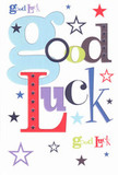A bold, cheerful good luck card is shown laid flat against a neutral surface, its clean white background setting the stage for a playful display of colour and type. The words Good Luck are scattered across the centre in oversized, pastel-blue letters mixed with deep red, mossy green, inky navy, and rich purple characters, each drawn in a different font as if carefully chosen by a designer with a painter's eye. Around the wording, tiny stars are sprinkled like confetti, some crisp and navy, others soft lilac, sky-blue, or lemony lime, giving the impression of a night sky over Lower Clapton after fireworks by Millfields Park. The print looks smooth and slightly satin, the kind of quality cardstock that would feel firm and reassuring under your fingertips, with edges neatly cut and corners subtly rounded. There is no clutter, just generous white space that lets every colour breathe, creating a light, modern feel that still carries real warmth. As a florist used to tucking cards into bouquets for exam success, first flats off Chatsworth Road, or new jobs reached by the Overground, this design feels like something you'd press into a friend's palm on the morning of their big moment. The card holds the same energy as a bright hand-tied bouquet delivered across Lower Clapton: a simple, sincere wish that things go well, captured in crisp letters and starry details that suggest hopes, dreams, and possibilities stretching far beyond the edge of the page.