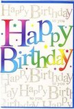 This image presents a joyful birthday card that feels as vibrant and welcoming as a local celebration in Lower Clapton. The central design features the phrase Happy Birthday written in large, rounded, and slightly playful letters, each filled with a continuous rainbow gradient. The colours move smoothly from deep reds and hot pinks to zesty oranges and sunshine yellows, before gliding through fresh greens, serene blues, and finally into rich purples, echoing the spectrum of blooms often chosen for birthday bouquets in the Hackney area. The letters themselves appear glossy and neatly outlined, standing proudly against a pale cream background, as if gently raised from the surface. Behind this lively text, the backdrop is filled with elegant, looping script in metallic gold, repeating Happy Birthday to you in softly flowing lines. The script has a delicate shimmer, suggesting a fine dusting of glitter that would flicker in the light of a cosy Clapton living room or a café near the Lea. Small details-scattered stars and confetti-like dots in matching rainbow colours-float around the main message, adding a feeling of movement and joyful spontaneity, as though a burst of confetti has just settled. The balance of bold colour and refined detail gives the card a modern yet timeless charm. It looks like the perfect finishing touch to accompany a hand-delivered birthday arrangement in Lower Clapton, whether it's heading to a flat near Clapton Pond, a townhouse along Lower Clapton Road, or a creative workspace tucked close to Millfields Park.