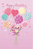 A playful yet elegant birthday illustration unfolds against a blush-pink background, capturing the creative, easy-going character of Lower Clapton in visual form. Centered in the design, a cluster of pastel balloons drifts upward, as if caught in a gentle breeze over Millfields Park. Their colours blend softly-powder pinks, minty greens, buttery yellows, and pale lilacs-while each balloon carries its own decorative pattern. Some are wrapped in spiralling candy-striped ribbons, others sparkle with scattered polka dots, and one heart-shaped balloon sits near the centre, radiating a sense of affection and focus. Fine strings trail from each balloon and gather into a compact, hand-tied bouquet at the base, so it appears that the flowers and balloons are rising together in light-hearted harmony. The bouquet itself features delicate roses and anemone-like blossoms in shades of creamy ivory, blush, and muted mauve, arranged so their petals overlap in soft, feathery layers. A violet satin bow cinches the stems tightly, its polished sheen catching the imagined light like a final flourish added by a careful Lower Clapton florist. Warm, diffused light seems to wash across the whole scene, creating subtle highlights on the rounded balloons and a glow along the curled petal edges. Around the arrangement, tiny star shapes and a few dainty butterflies hover, as if suspended mid-flight, adding a touch of storybook magic. The overall effect is that of a birthday wish sent skyward-a gentle, floating celebration that feels personal, heartfelt, and perfectly suited to brightening someone's special day in Lower Clapton.