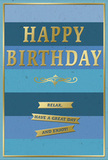 This image shows a tasteful birthday card whose blue and gold design captures a mood of relaxed celebration, perfect for a quiet gathering in Lower Clapton. The card's front is formed from broad, horizontal stripes of blue, each stripe a slightly different tone-from deep navy through rich denim and soft teal to gentle sky blue. Together they create a layered gradient that feels like looking out across a peaceful evening sky. In the centre, the words HAPPY BIRTHDAY stand out in large, embossed gold capital letters. The metallic surface picks up light with every small movement, creating a warm, subtle shimmer, and the raised texture hints at quality card stock and careful craftsmanship. Beneath the main greeting sits a fine golden flourish, looping out gracefully on either side like a piece of decorative scrollwork. Below this flourish, three slender golden banners are stacked neatly one above the other, each ribbon carrying part of a friendly wish so that the full message reads: Relax, have a great day and enjoy! Their gold sheen contrasts beautifully with the cool blues behind, like sunshine breaking through clouds over the canal nearby. A thin gold line runs around the entire edge of the card, framing the composition and giving the design a polished, gift-ready finish. You can easily picture this card displayed beside a mixed bouquet from Flower Delivery Lower Clapton, perhaps on a kitchen table or desk, where its calm colours and gentle glow bring a sense of thoughtful care to someone's special day. The overall feeling is one of quiet joy, elegance, and sincere birthday warmth.