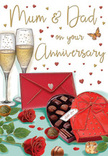 This anniversary card artwork feels like a heartfelt tribute to Mum & Dad, set against a backdrop that would be right at home in the warm, creative atmosphere of Lower Clapton. At the centre, two slim champagne flutes stand close, filled with effervescent golden champagne whose bubbles seem to shimmer in a soft, ambient light. Resting nearby are two luxurious red roses, each petal velvety and densely layered, cradled by richly coloured green leaves that echo the fresh, handpicked look of a bouquet sourced from an independent florist near Clapton Pond. In front of them, an open heart-shaped box reveals a tempting selection of chocolates, their surfaces smooth and glossy, the lid adorned with a generous red bow tied in a graceful flourish. A few loose chocolates are scattered gently around the box, hinting at shared indulgence and easy conversation. Surrounding this central vignette, dainty hearts in shades of crimson and shimmering gold drift across the background, framing the handwritten Mum & Dad lettering that adds a deeply personal touch. Off to one side, a scarlet envelope lies sealed, its sharp fold and rich colour suggesting a carefully composed message filled with affection and thanks. The entire composition is bathed in warm tones-reds, golds, and soft neutrals-that create a sense of intimacy, like the cosy glow of lamps along Lower Clapton Road on a cool evening. Each detail, from the reflections on the glass to the softness of the petals, contributes to a mood of appreciation and enduring love, making the card feel like a visual love letter to years spent side by side.